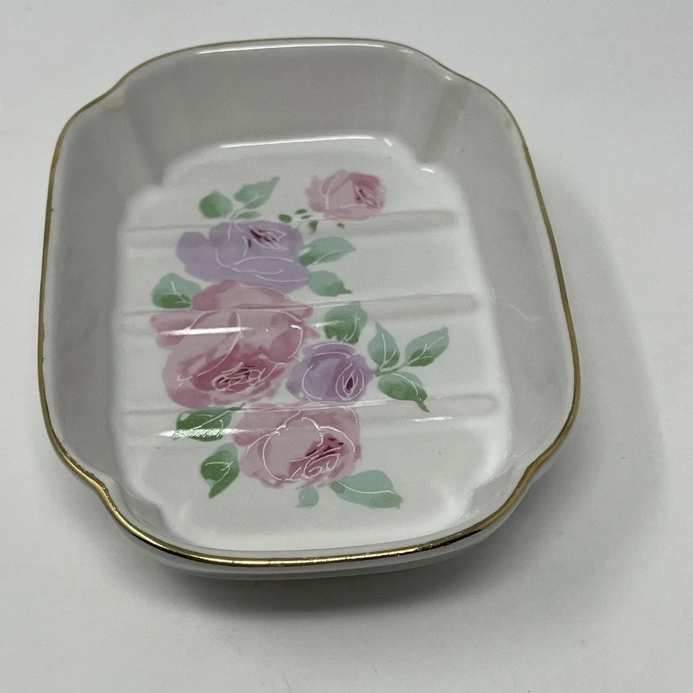 Vintage Ceramic Soap Dish Pink Purple Roses Gold Trim Made in Japan Vanity Tray